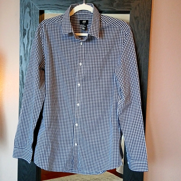 🌐 H&M Mens Button Down Navy & White Plaid Long Sleeve Shirt M - Picture 3 of 5